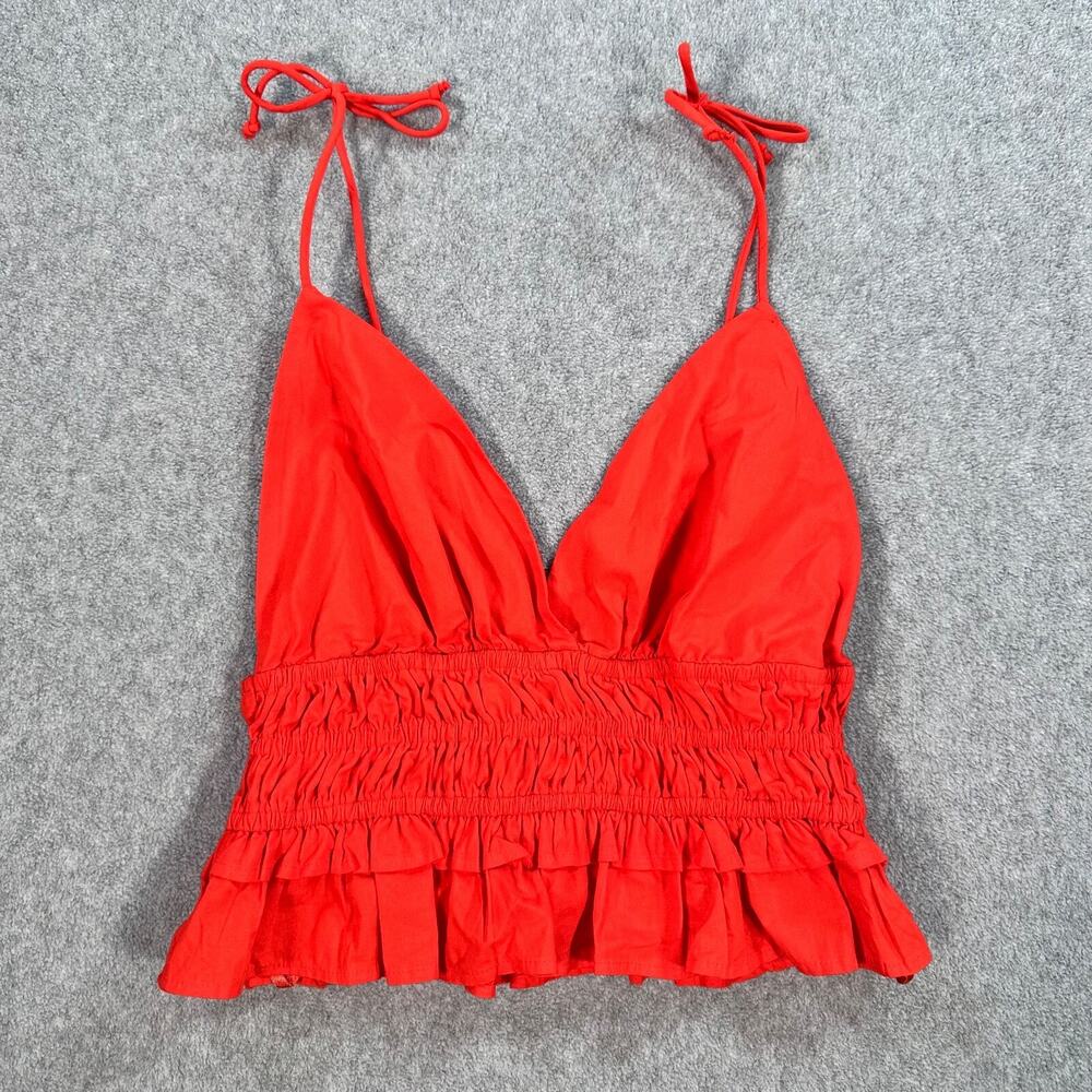 Sim & Sam Paolina Red Crop Top Smocked Strappy Ruffled Tiered Size Small Tie Bow